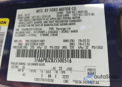 2018 Ford Shelby Gt350 z USA, uszkodzony, nr VIN 1FA6P8JZ8J5500516